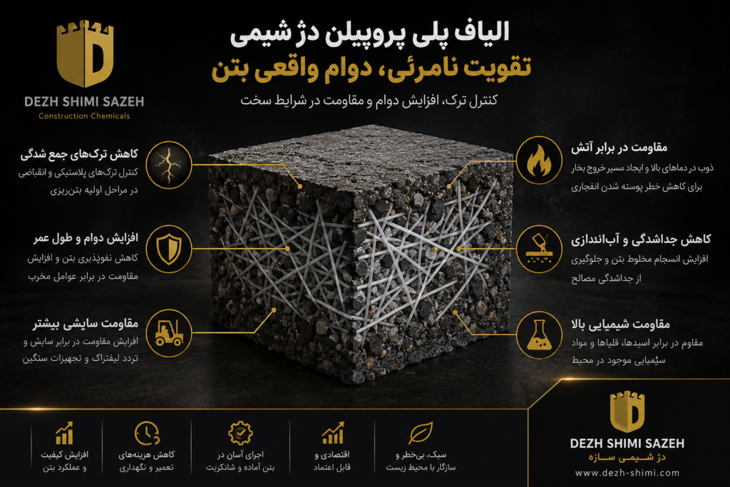 اینفوگرافیک مزایای الیاف پلی پروپیلن دژ شیمی شامل کاهش ترک، افزایش دوام، مقاومت سایشی، مقاومت شیمیایی و بهبود عملکرد بتن