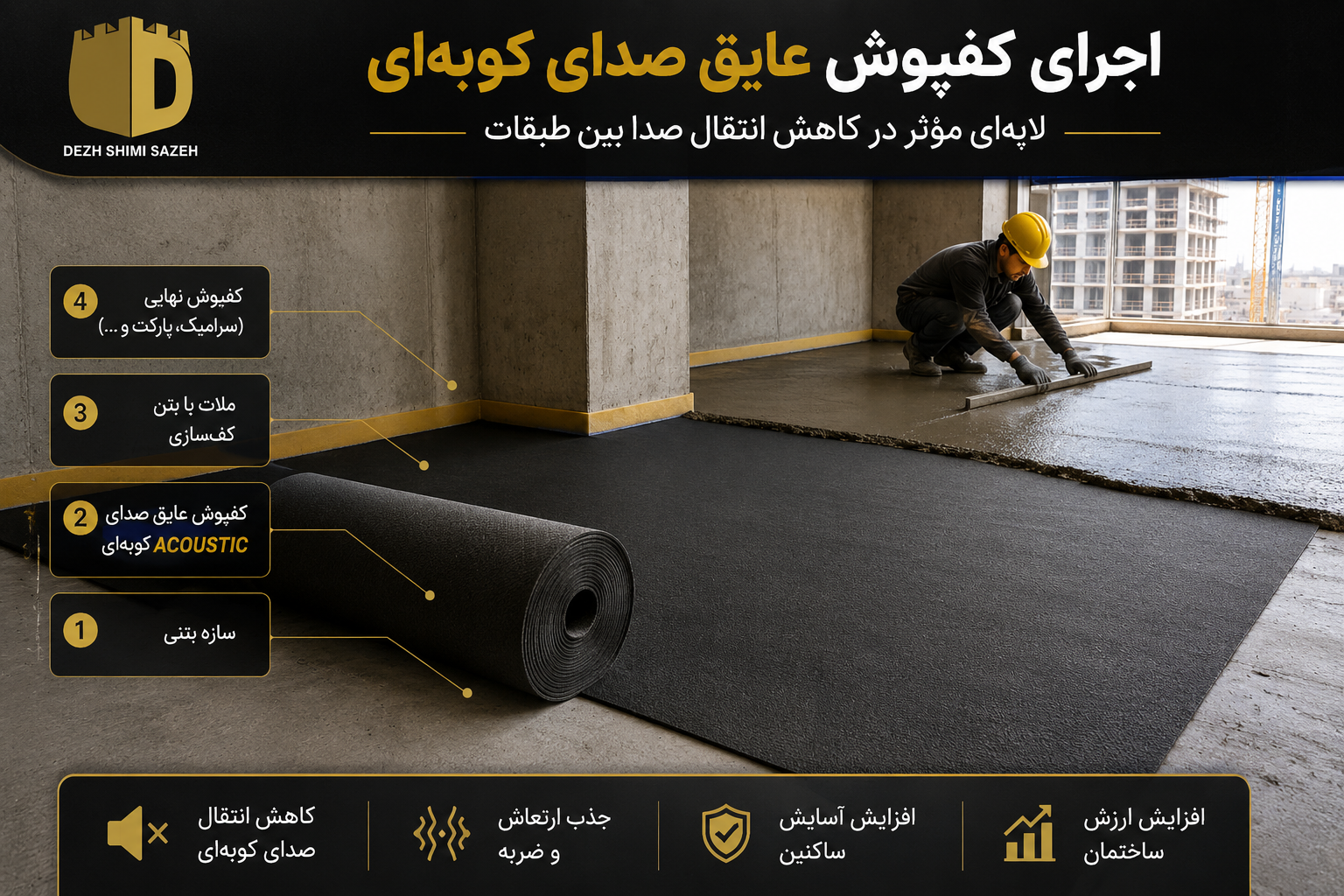 اجرای کفپوش عایق صدای کوبه‌ای ACOUSTIC دژ شیمی قبل از کف سازی نهایی
