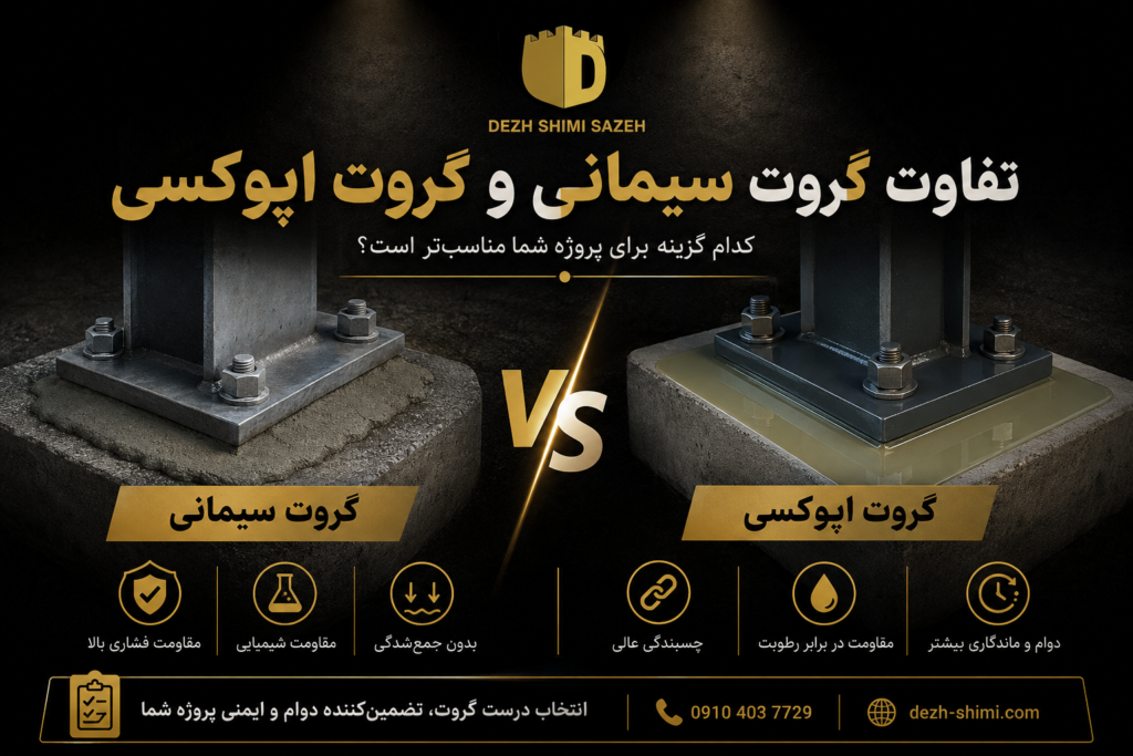 تفاوت گروت سیمانی و گروت اپوکسی مقایسه گروت سیمانی و گروت اپوکسی برای انتخاب بهترین گروت در پروژههای ساختمانی و صنعتی با راهکارهای دژ شیمی سازه